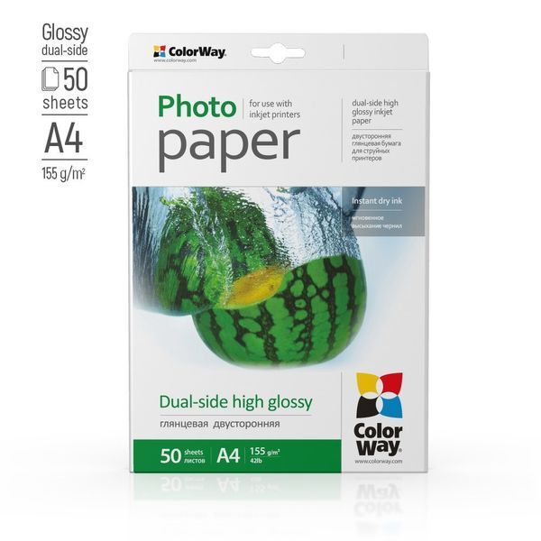 Фотобумага A4 ColorWay GLOSSY 155 г/м2 двухсторонний глянец-глянец, 50 листов PGD155050A4 фото