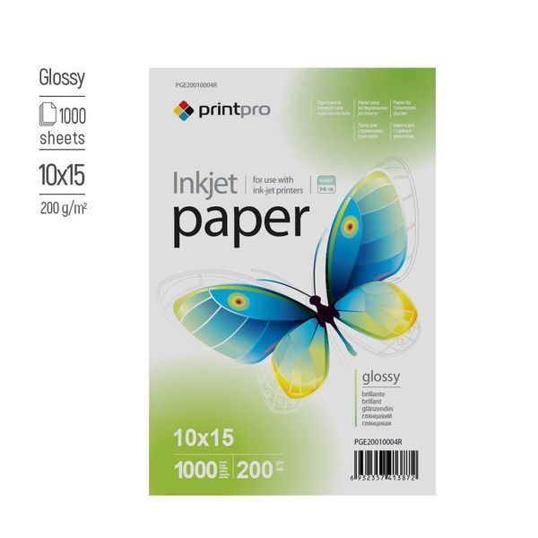 Фотобумага PrintPro глянцевая 200 г/м&sup2;, 10х15, 1000 л. (PGE20010004R) PGE20010004R фото