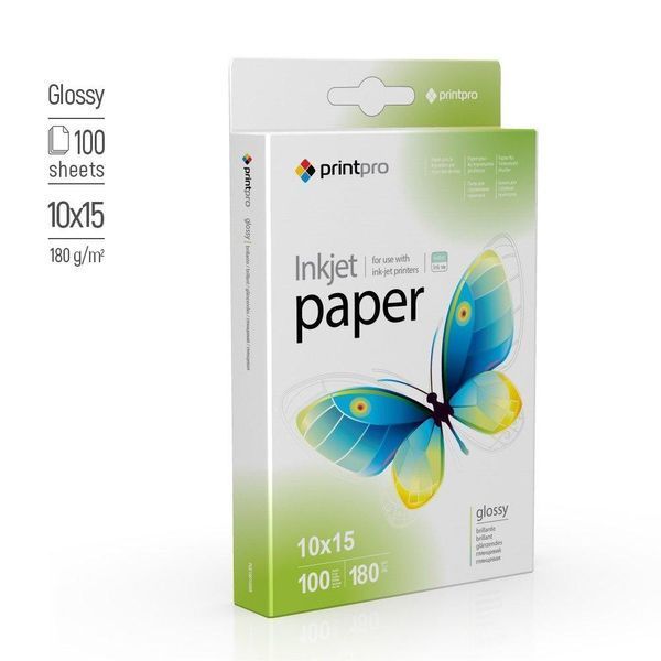 Фотопапір глянцевий 10x15 PrintPro 180 г/м2 односторонній, 100 аркушів PGE1801004R фото