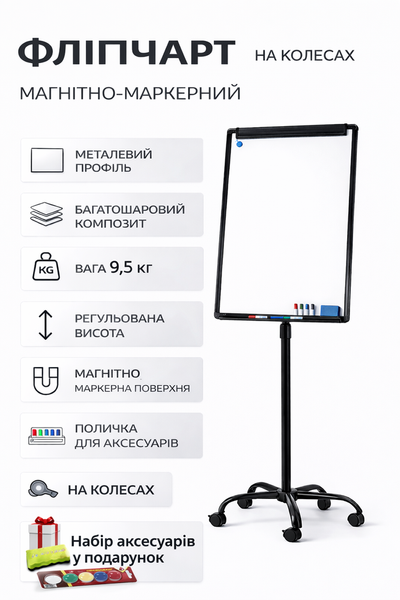 Флипчарт магнитный под маркер FliPP 70x100 см на колесах, вертикальный + (маркеры, губка, магниты) FliPP70100KBP фото